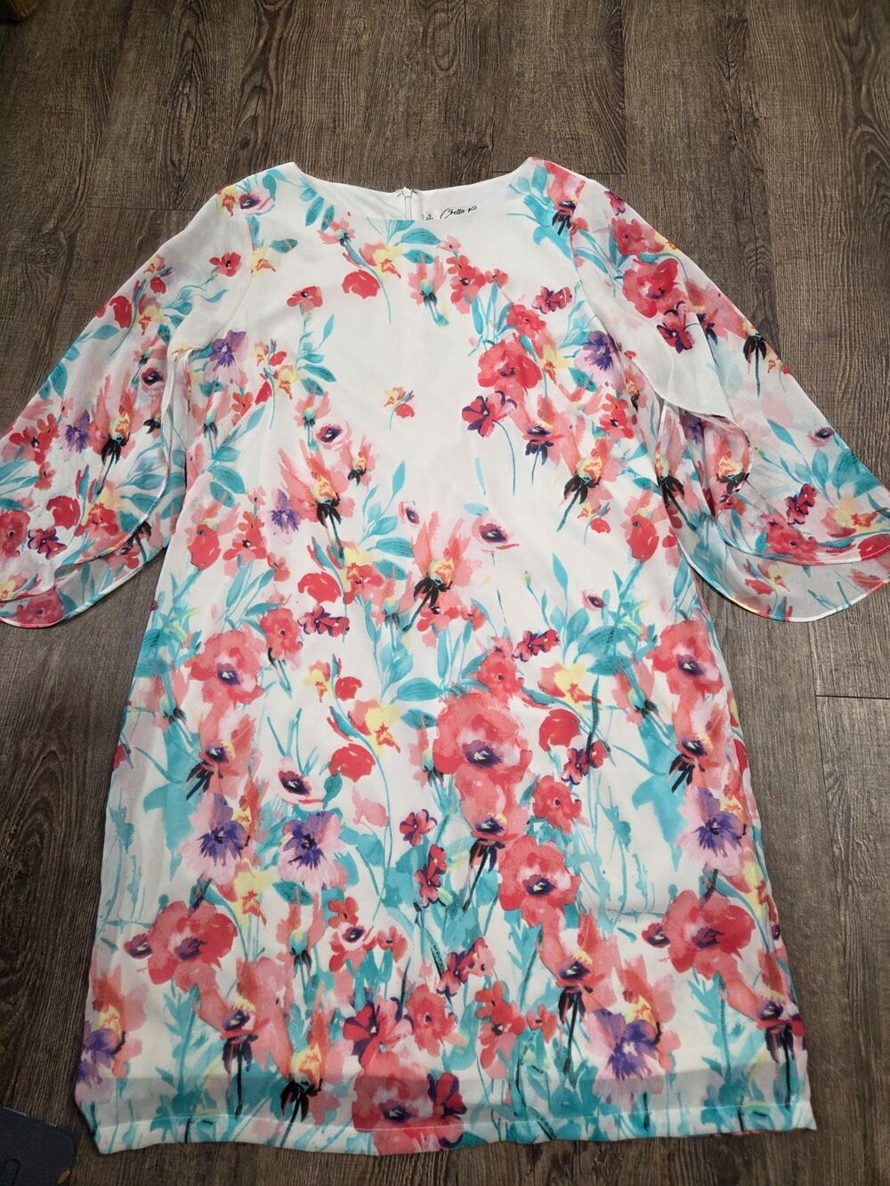 Chetta B Floral Print Dress Size 12 Chiffon Split Sleeve White Scoop White